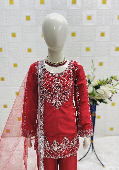 Red Embroidery Work Crep Silk Salwar Suit For Girls