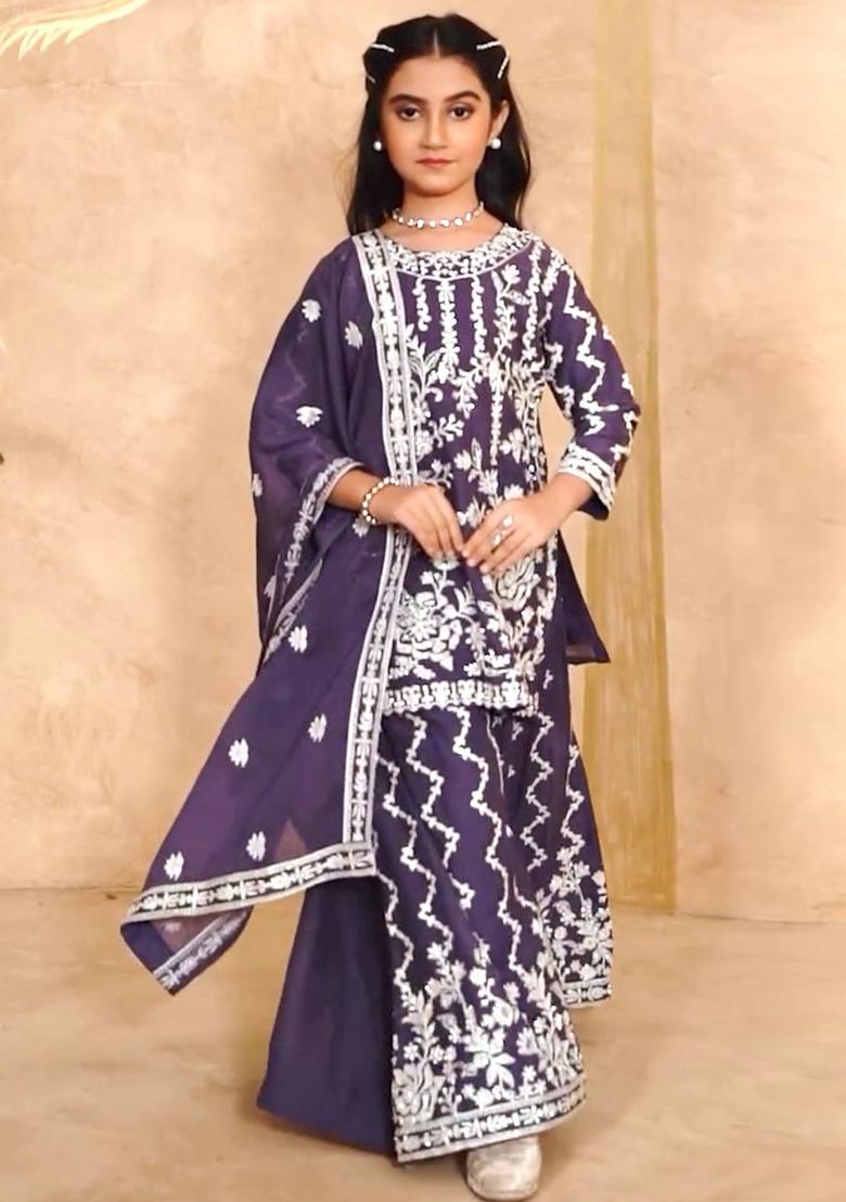 Purple Embroidery Work Georgette Salwar Suit For Girls
