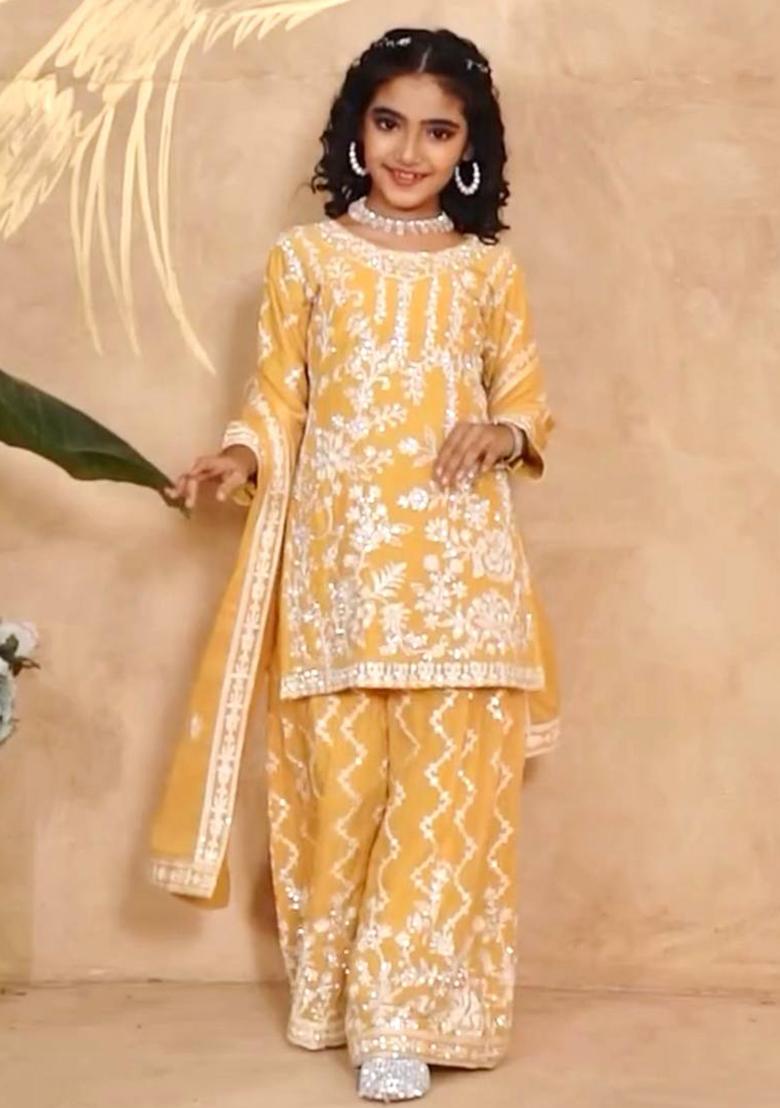Yellow Embroidery Work Georgette Salwar Suit For Girls