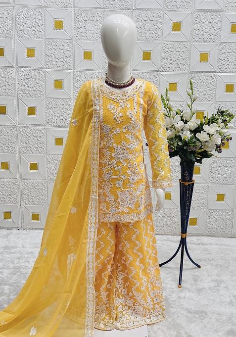 Yellow Embroidery Work Georgette Salwar Suit For Girls