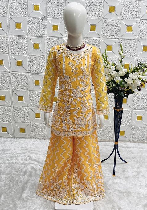 Yellow Embroidery Work Georgette Salwar Suit For Girls