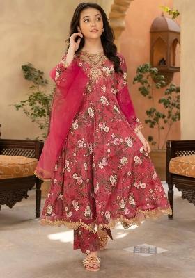 Red Digital Print With Embroidery Work Georgette Salwar Suit For Girls