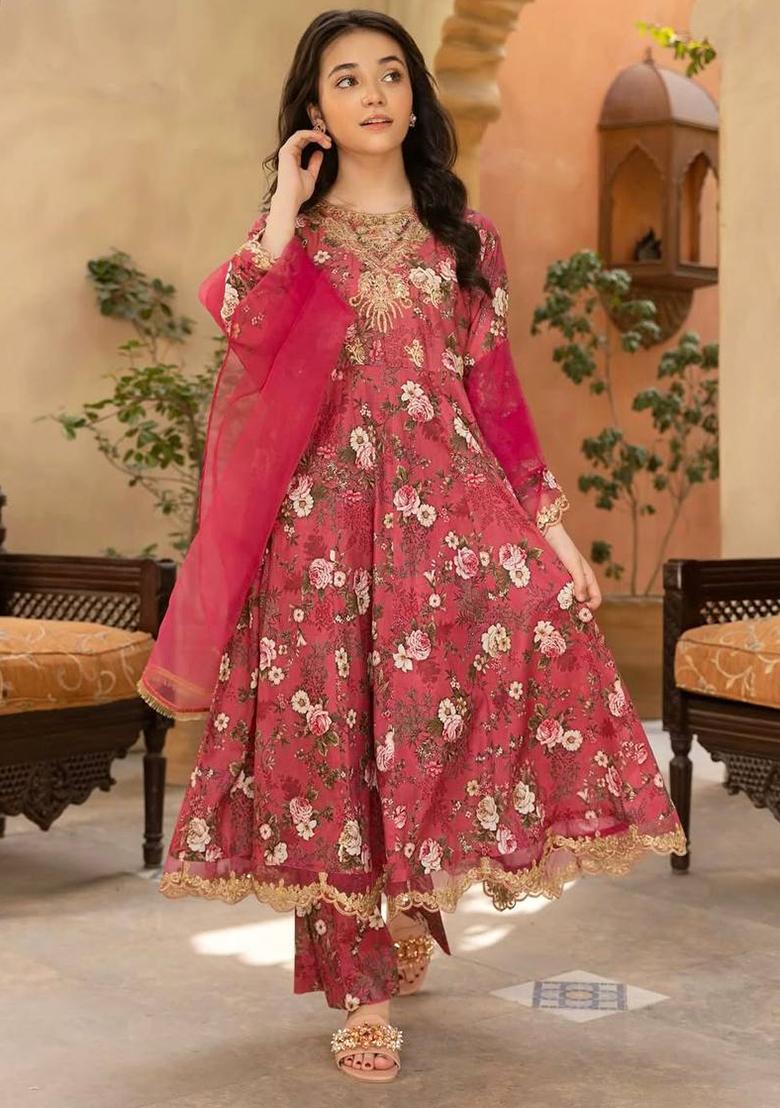 Red Digital Print With Embroidery Work Georgette Salwar Suit For Girls