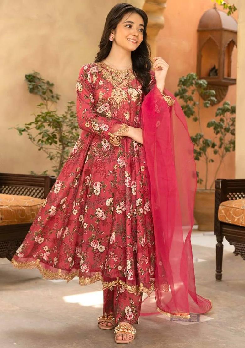 Red Digital Print With Embroidery Work Georgette Salwar Suit For Girls