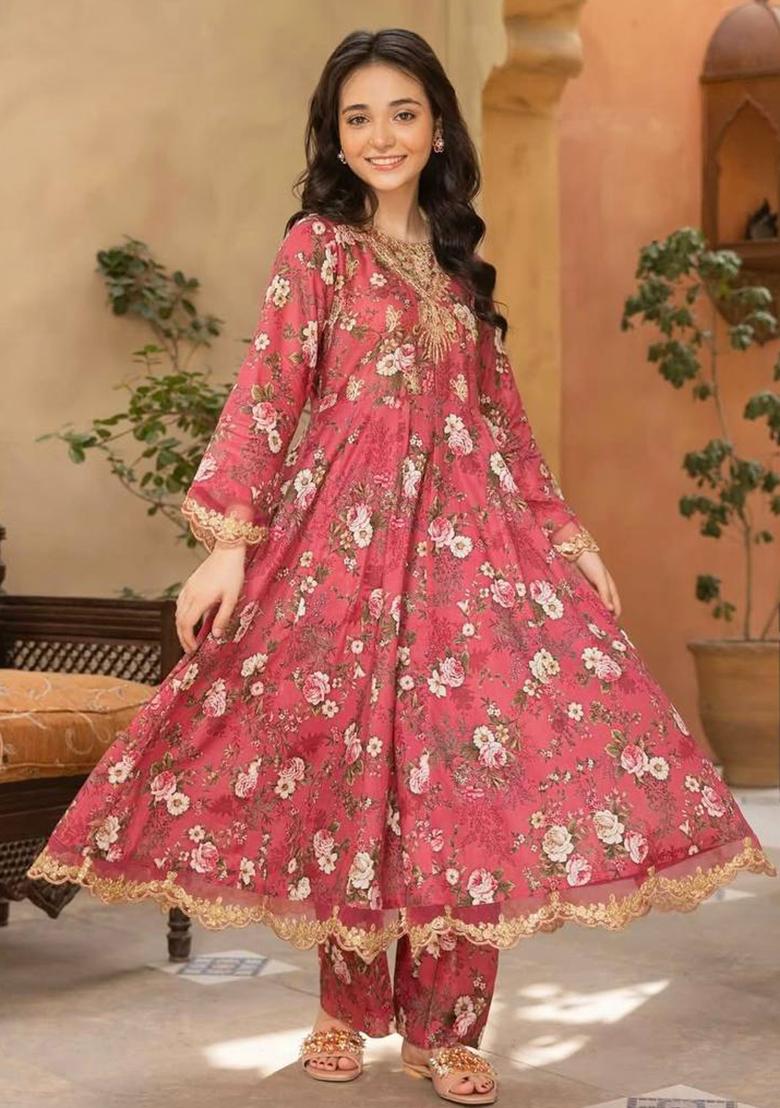 Red Digital Print With Embroidery Work Georgette Salwar Suit For Girls