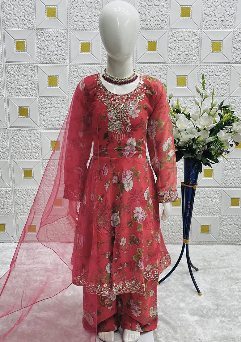 Red Digital Print With Embroidery Work Georgette Salwar Suit For Girls
