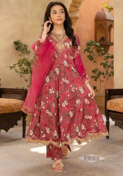 Red Digital Print With Embroidery Work Georgette Salwar Suit For Girls