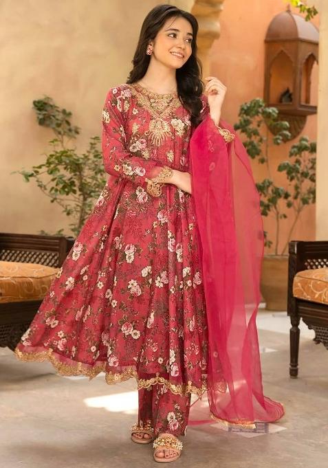 Red Digital Print With Embroidery Work Georgette Salwar Suit For Girls