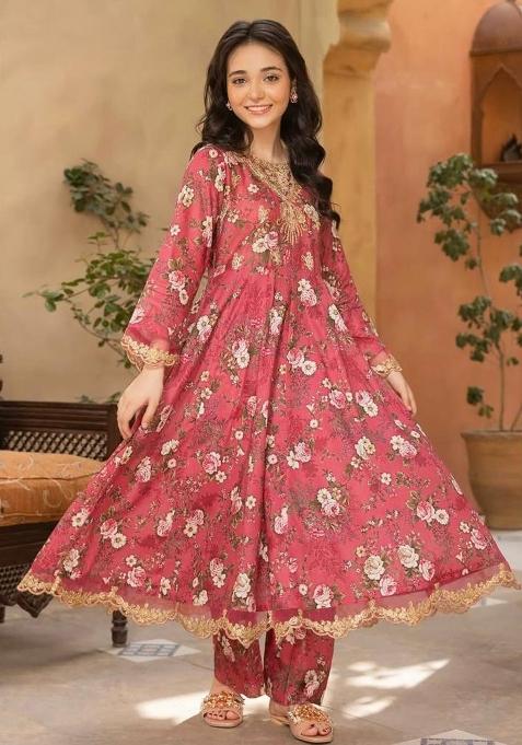 Red Digital Print With Embroidery Work Georgette Salwar Suit For Girls