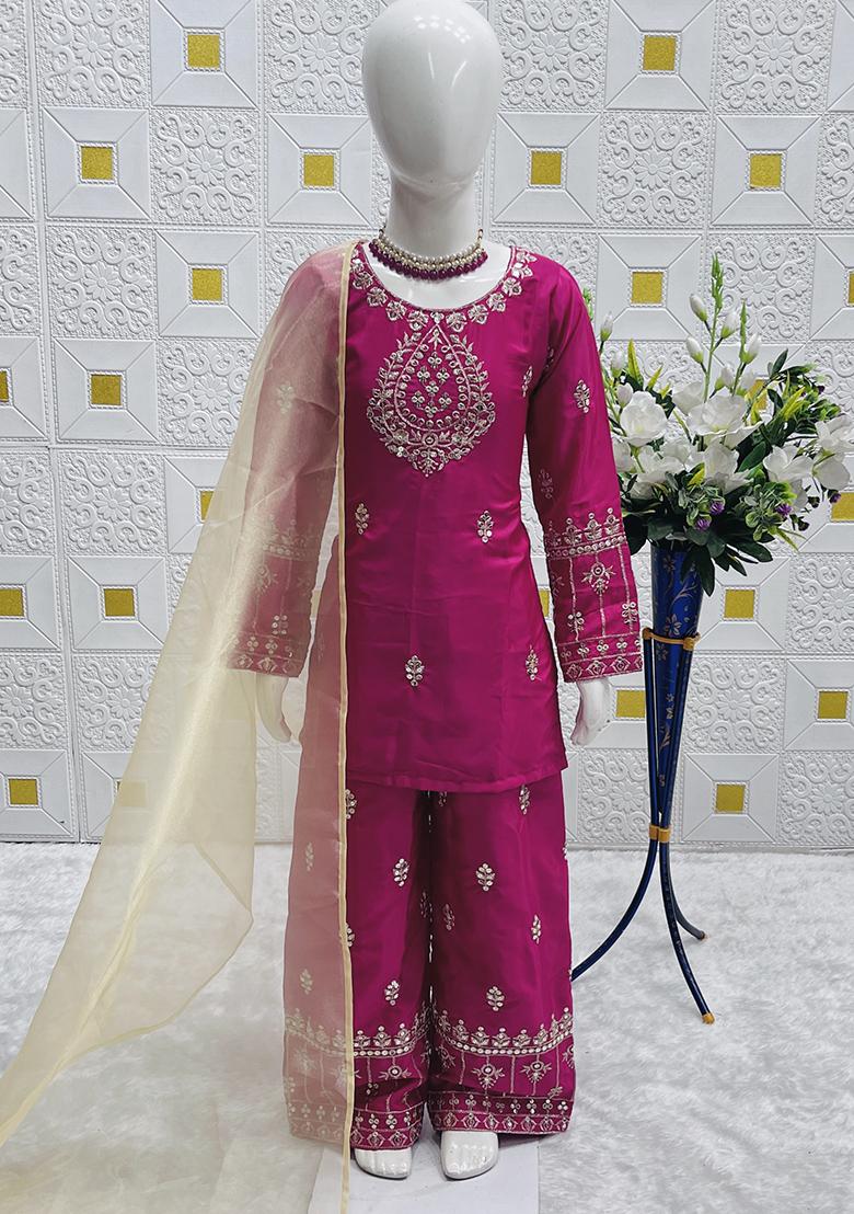Pink Lace Crep Silk Salwar Suit For Girls
