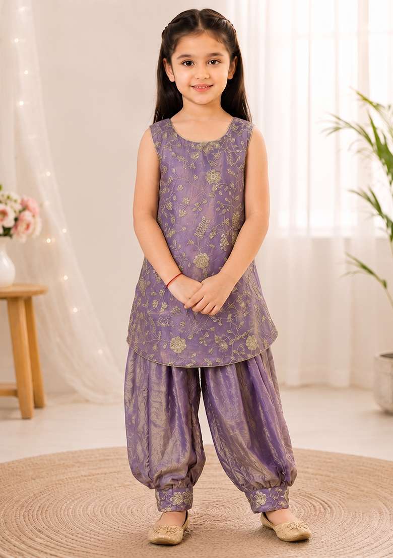 Purple Embroidery Silk Dhoti Set For Girls - Indya