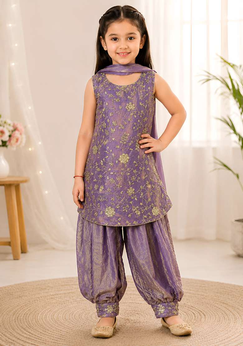 Purple Embroidery Silk Dhoti Set For Girls - Indya