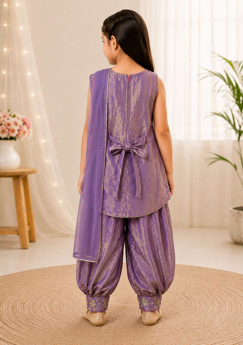 Purple Embroidery Silk Dhoti Set For Girls - Indya