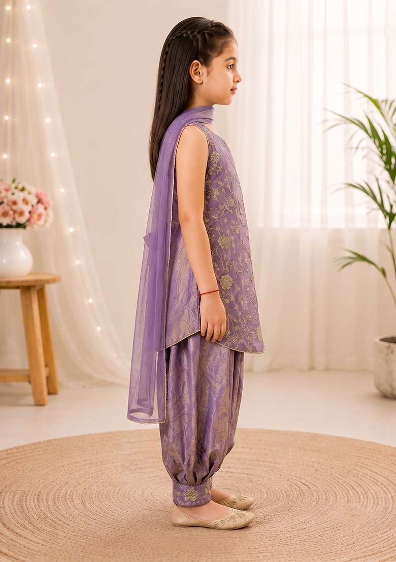 Purple Embroidery Silk Dhoti Set For Girls - Indya