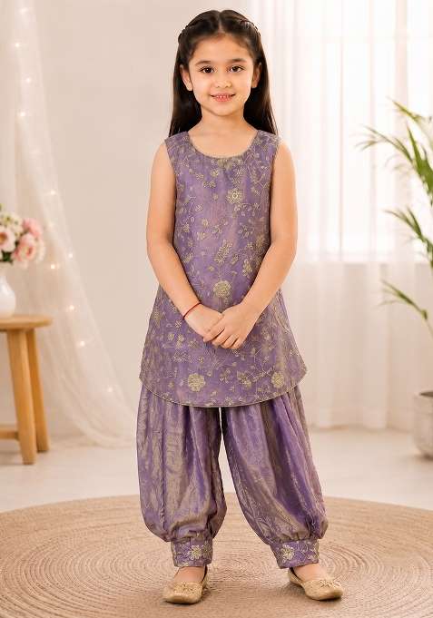 Purple Embroidery Silk Dhoti Set For Girls