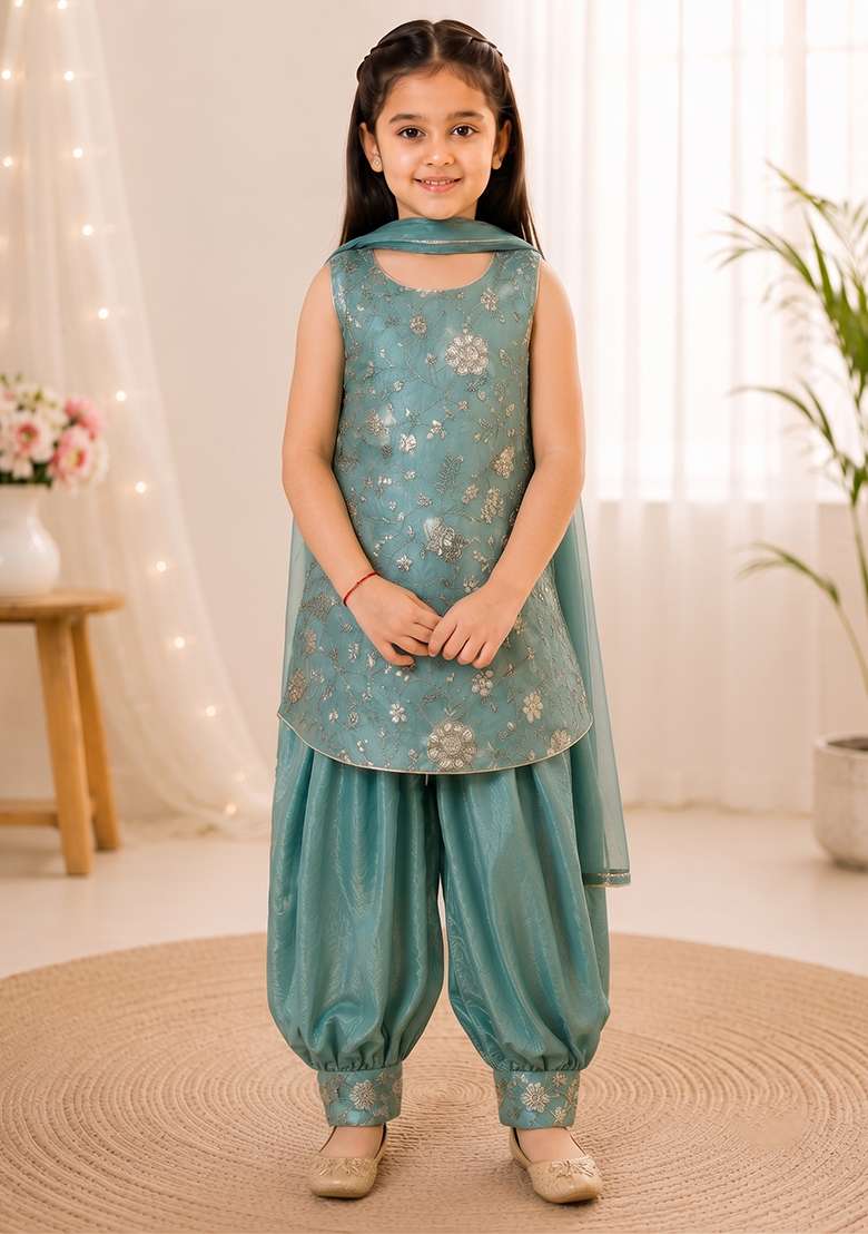 Green Embroidery Silk Dhoti Set For Girls - Indya