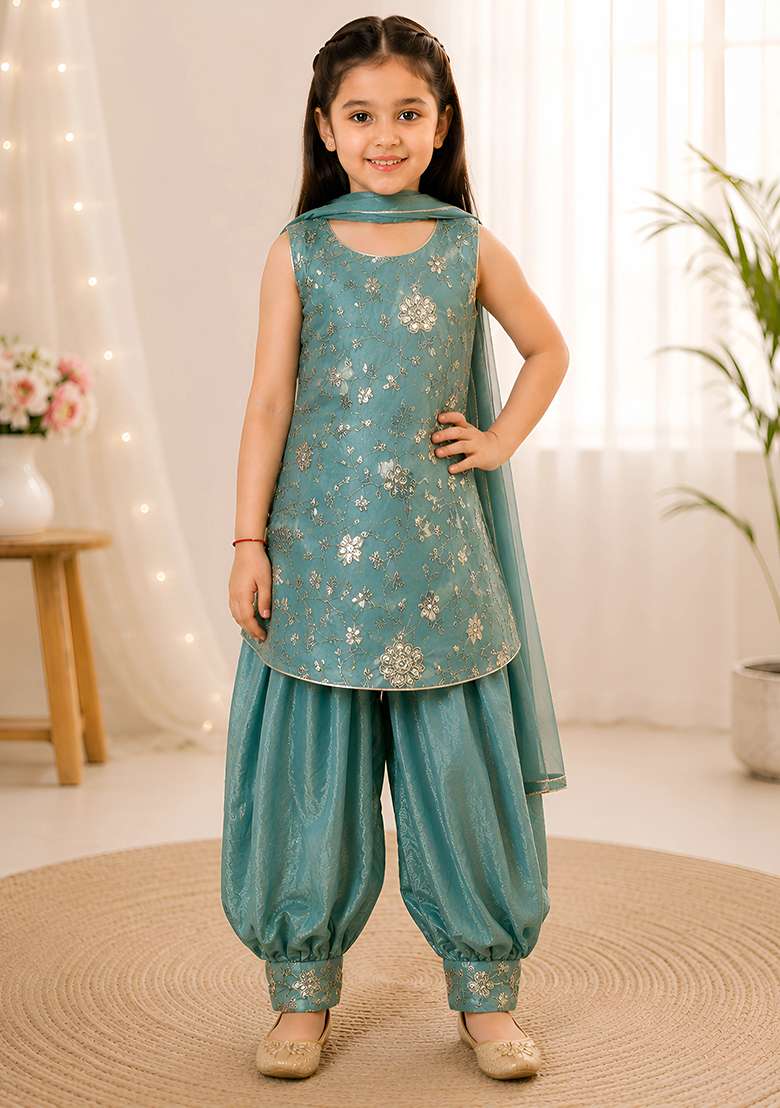 Green Embroidery Silk Dhoti Set For Girls - Indya