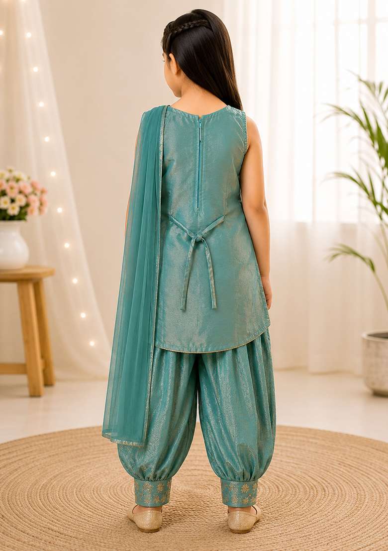 Green Embroidery Silk Dhoti Set For Girls - Indya
