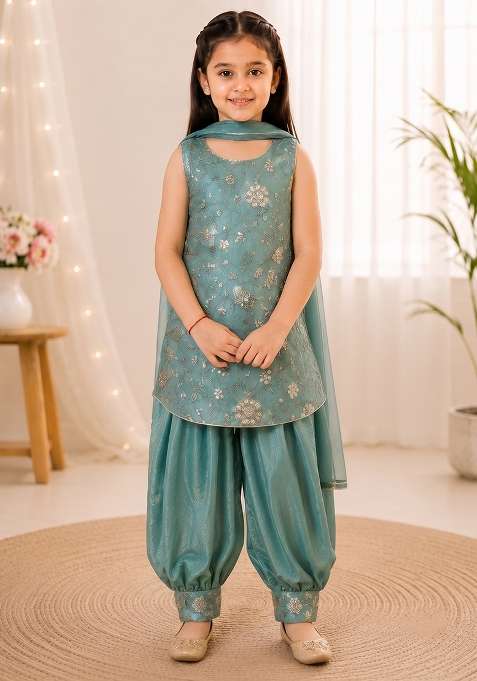 Green Embroidery Silk Dhoti Set For Girls