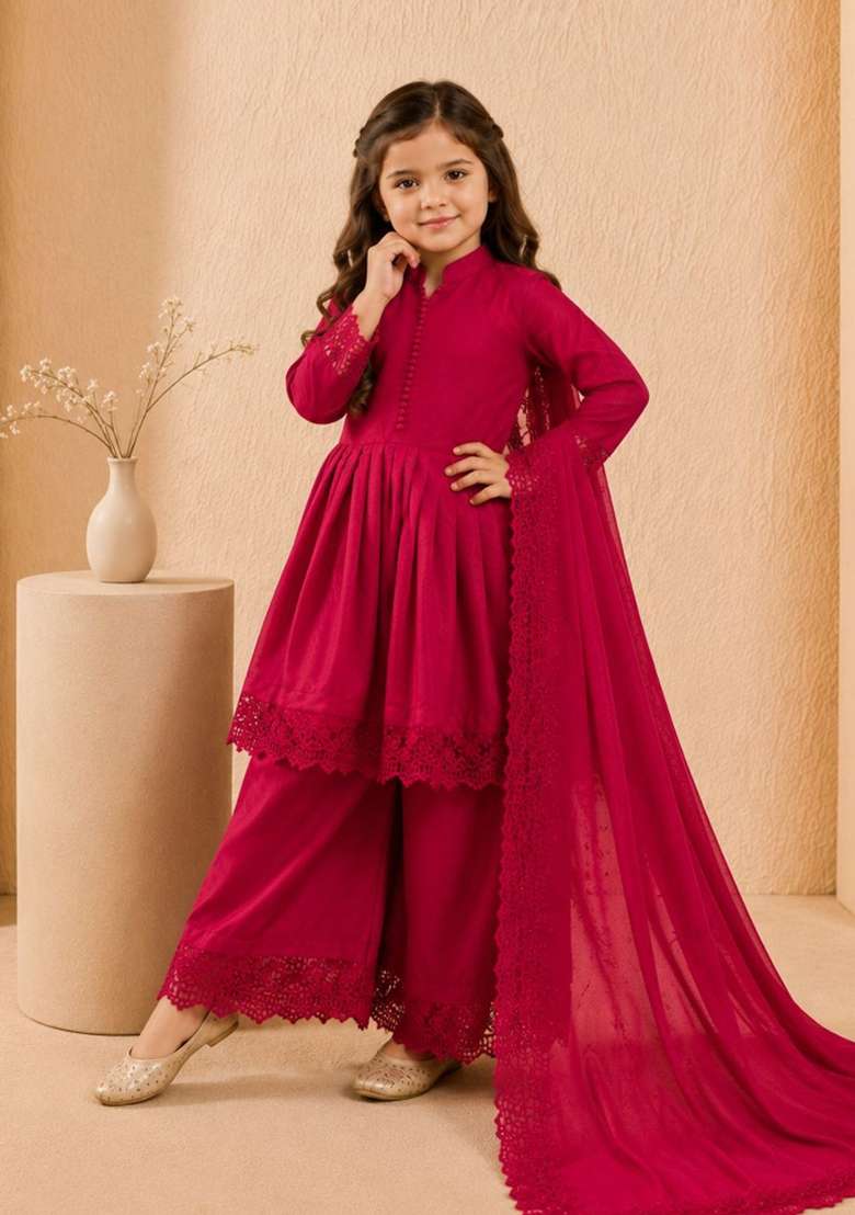 Red Embroidery Silk Gown Set For Girls - Indya