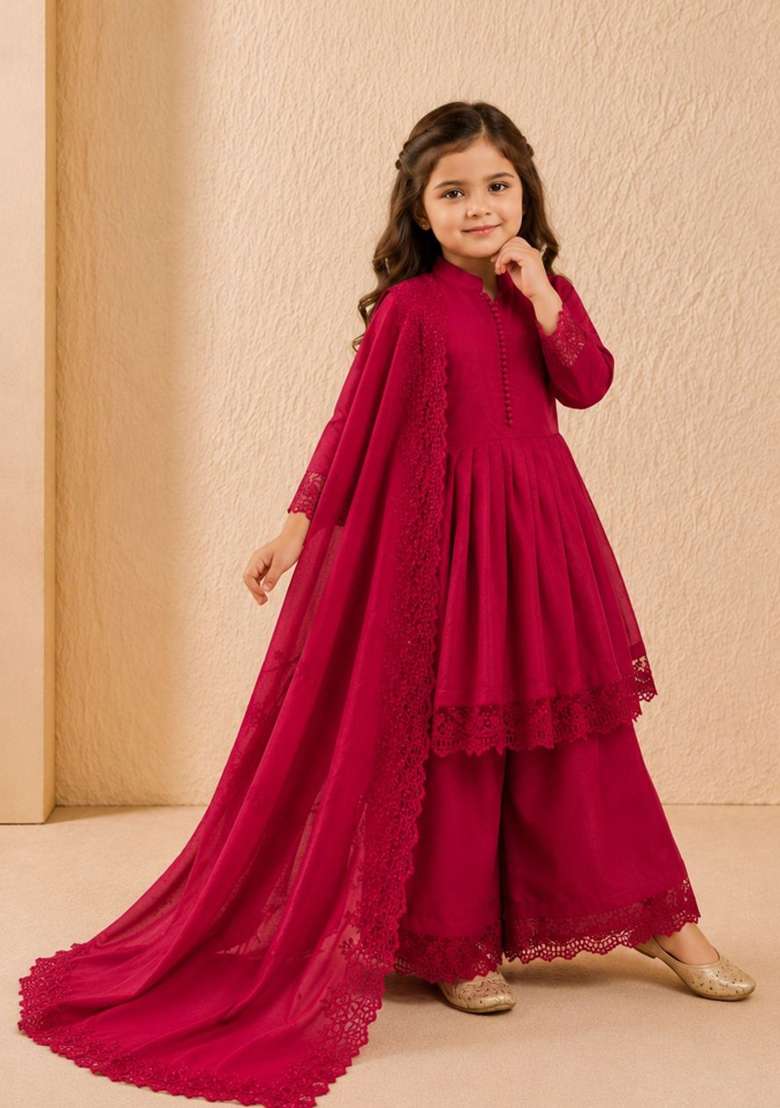 Red Embroidery Silk Gown Set For Girls - Indya