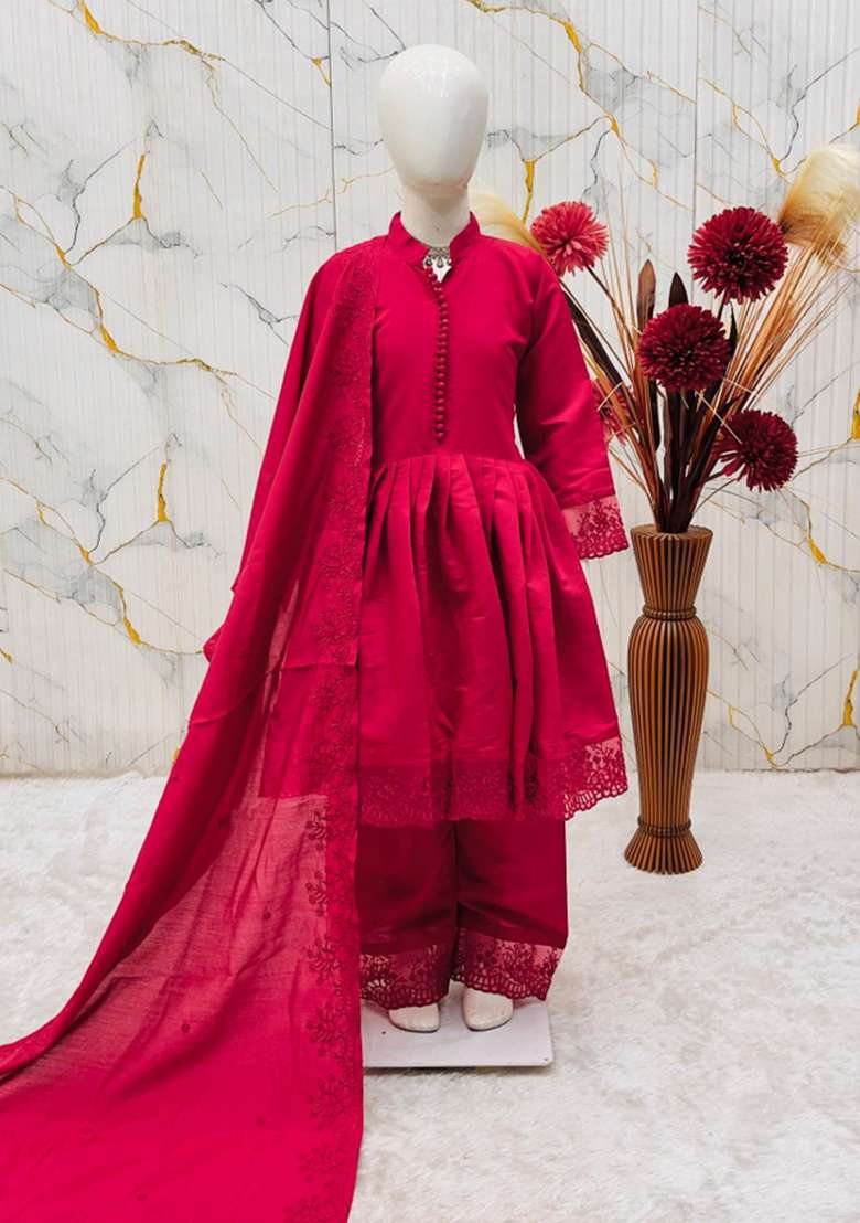 Red Embroidery Silk Gown Set For Girls - Indya