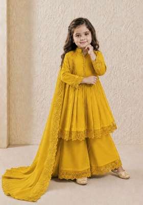 Yellow Embroidery Silk Gown Set For Girls