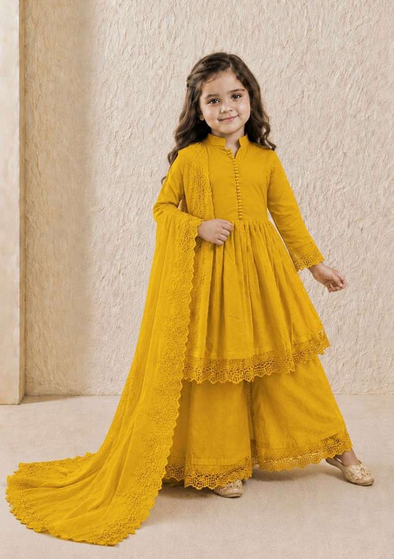 Yellow Embroidery Silk Gown Set For Girls - Indya