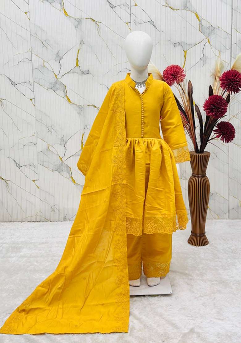 Yellow Embroidery Silk Gown Set For Girls - Indya