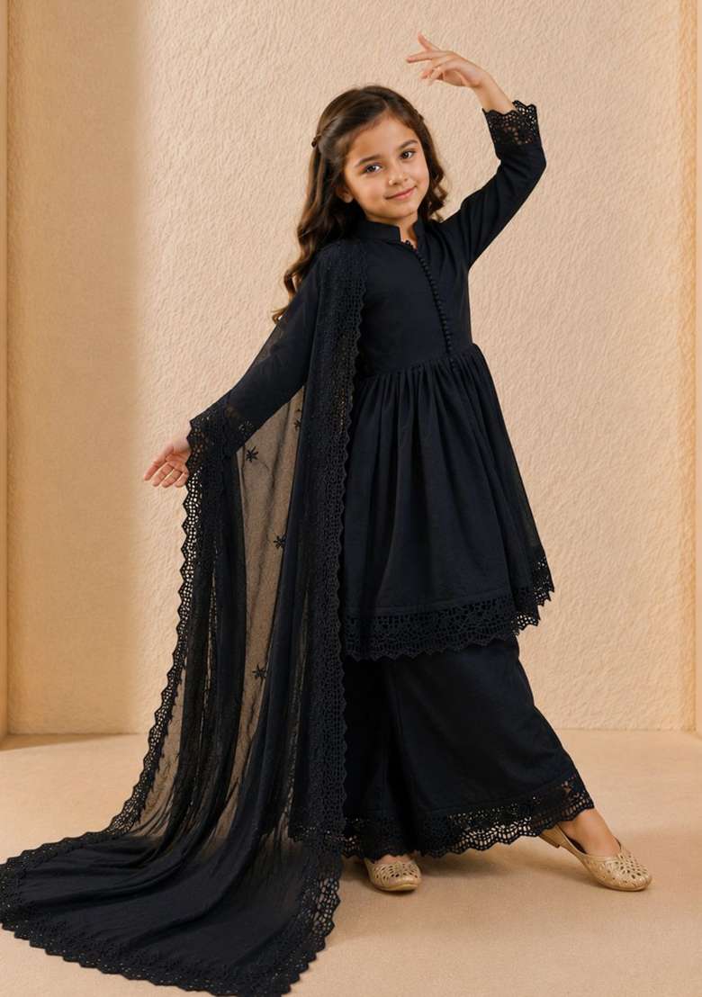 Black Embroidery Silk Gown Set For Girls - Indya