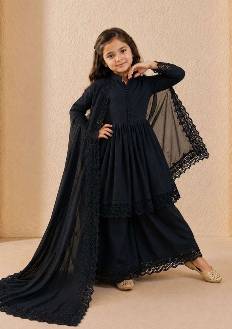 Black Embroidery Silk Gown Set For Girls - Indya