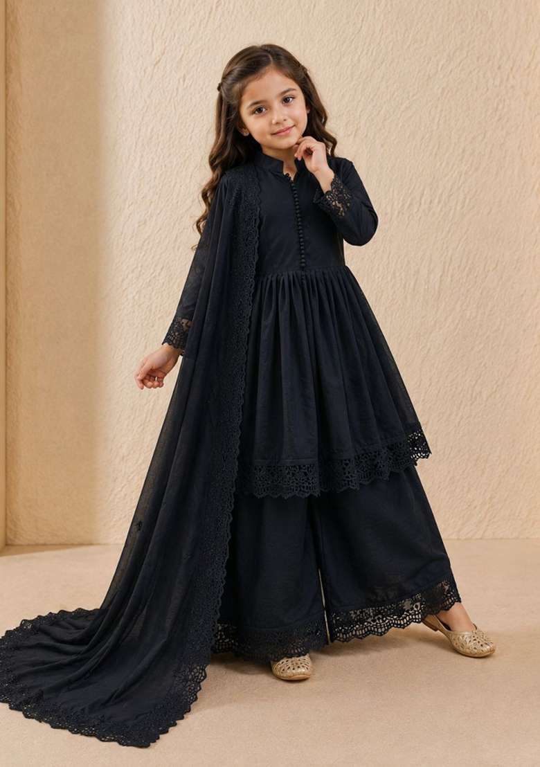 Black Embroidery Silk Gown Set For Girls - Indya