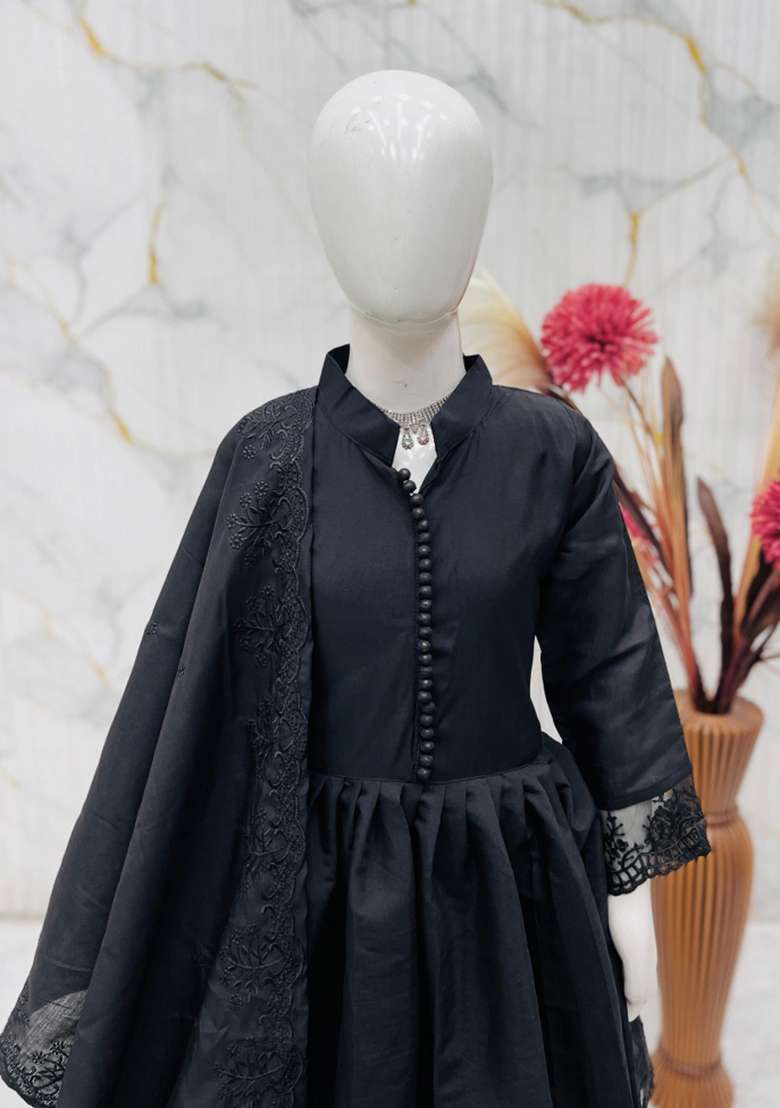 Black Embroidery Silk Gown Set For Girls - Indya