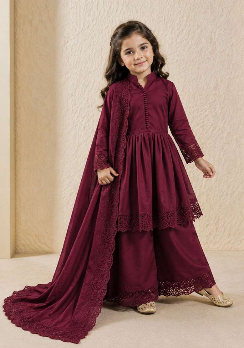Maroon Embroidery Silk Gown Set For Girls - Indya