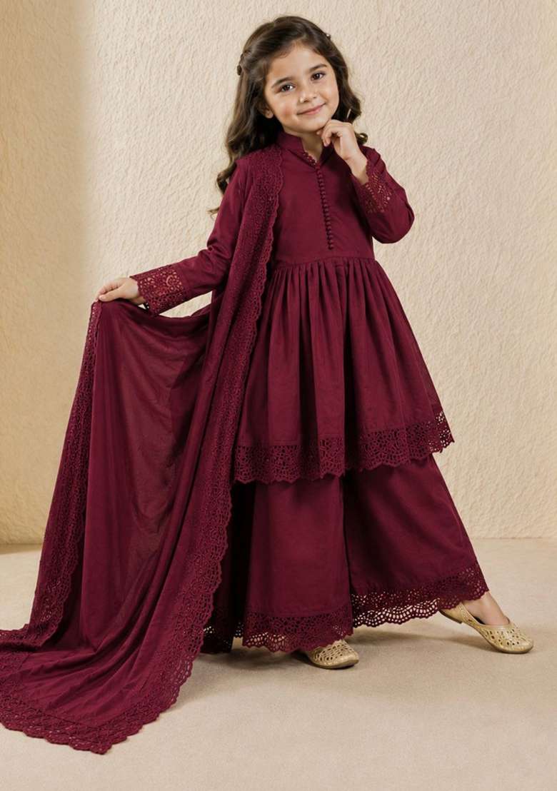 Maroon Embroidery Silk Gown Set For Girls - Indya