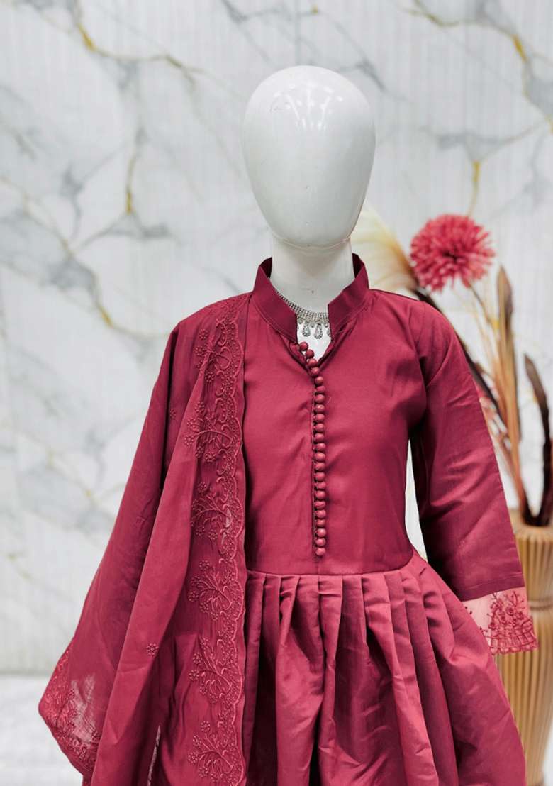 Maroon Embroidery Silk Gown Set For Girls - Indya