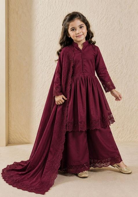 Maroon Embroidery Silk Gown Set For Girls