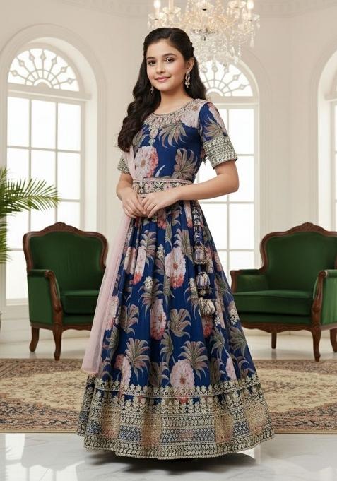 Navy Blue Embroidery Georgette Gown Set For Girls