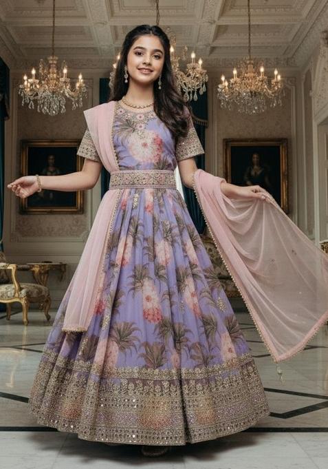 Lavender Embroidery Georgette Gown Set For Girls
