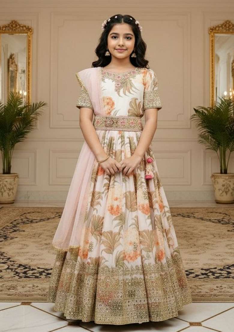 White Embroidery Georgette Gown Set For Girls - Indya