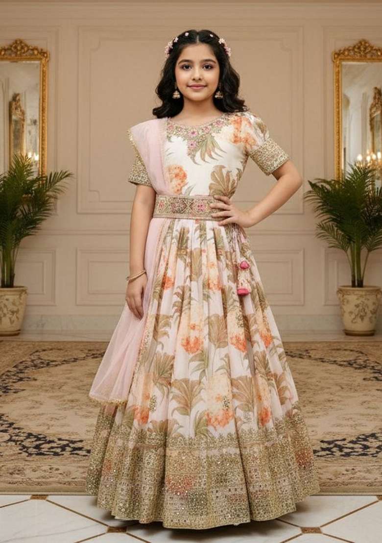 White Embroidery Georgette Gown Set For Girls - Indya