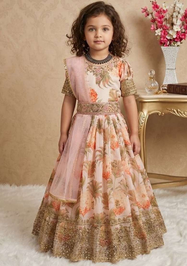White Embroidery Georgette Gown Set For Girls - Indya