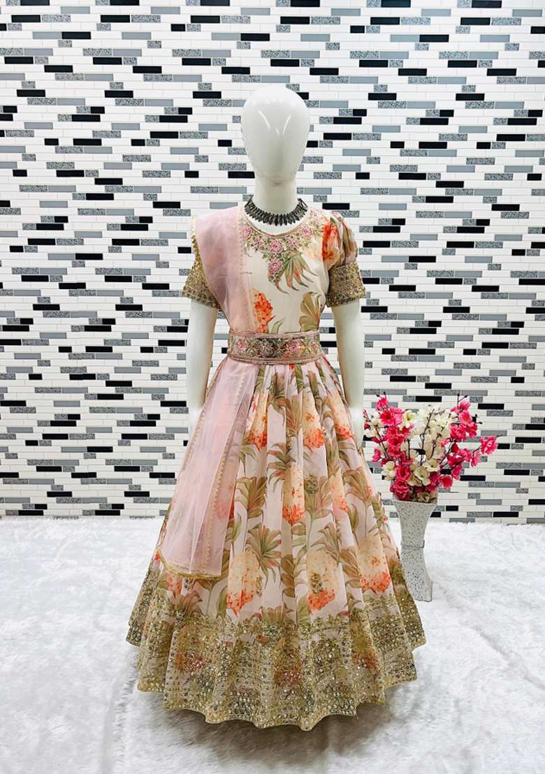 White Embroidery Georgette Gown Set For Girls - Indya
