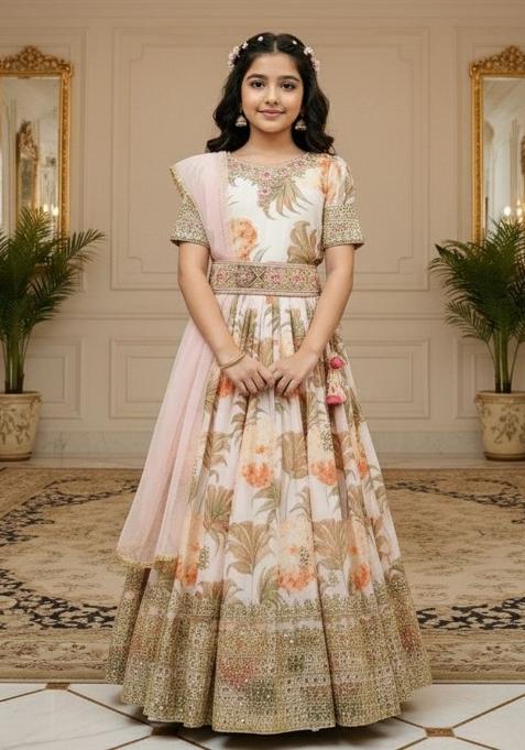 White Embroidery Georgette Gown Set For Girls