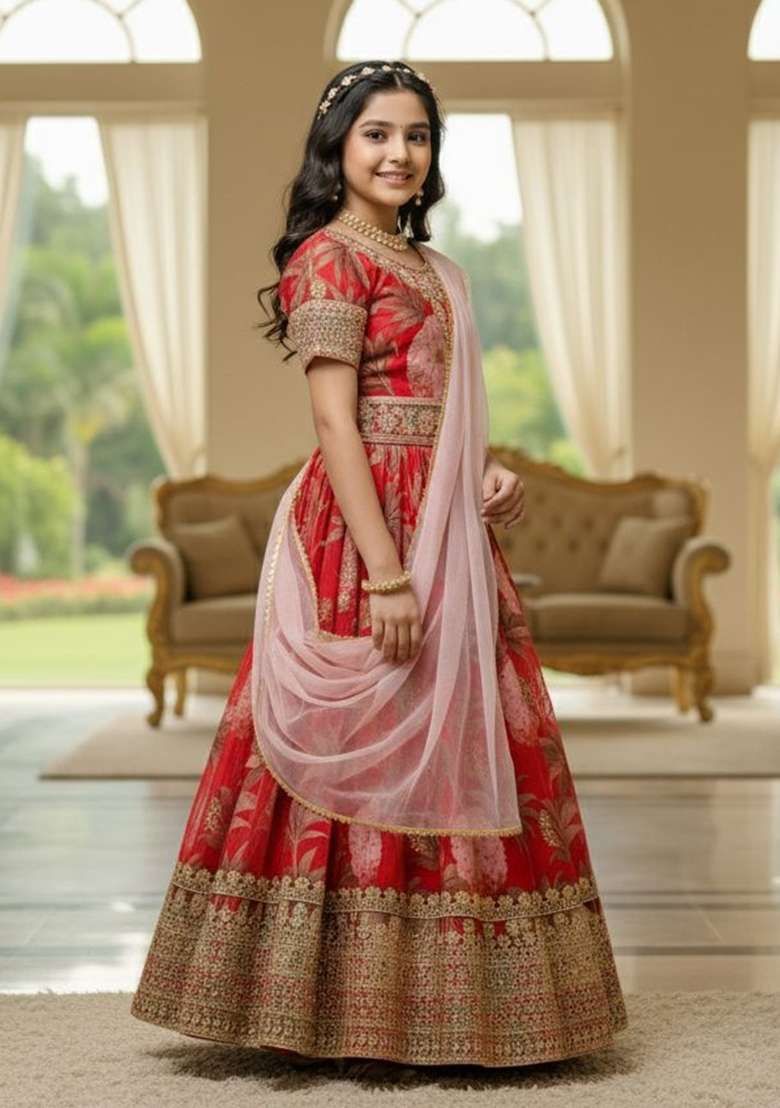 Red Embroidery Georgette Gown Set For Girls - Indya