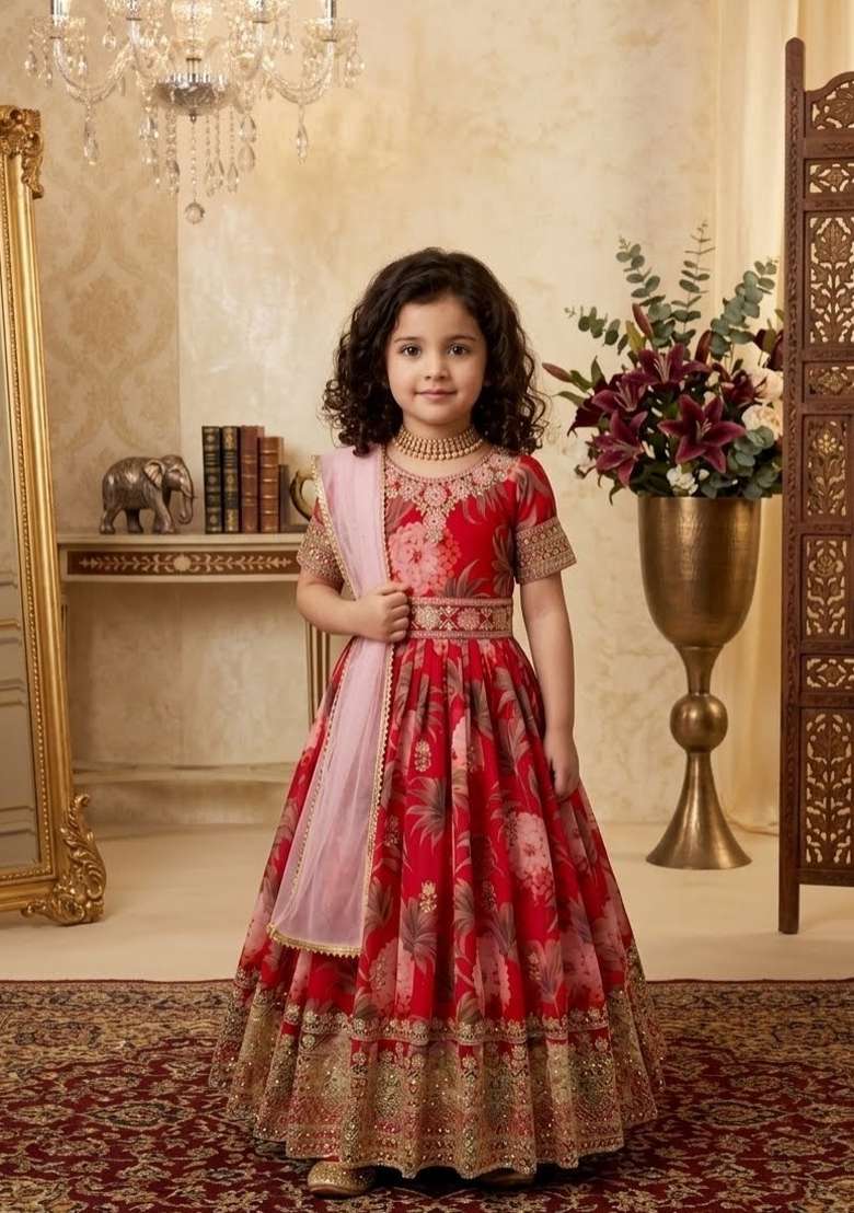 Red Embroidery Georgette Gown Set For Girls - Indya