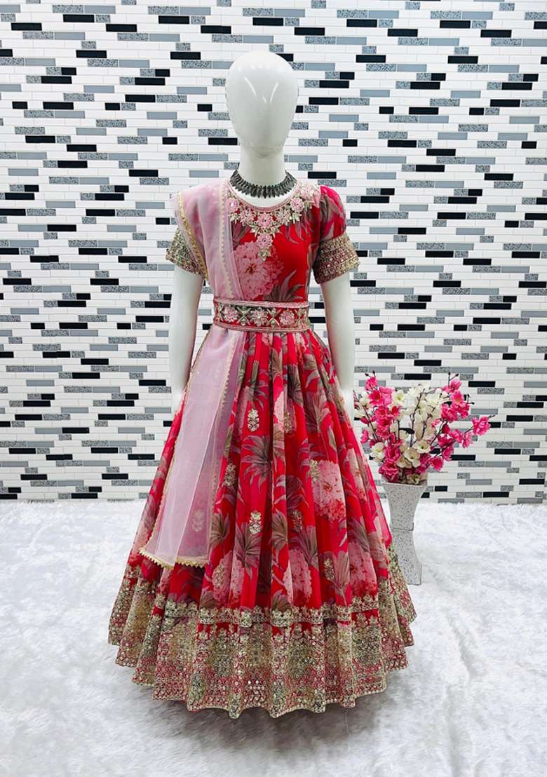 Red Embroidery Georgette Gown Set For Girls - Indya