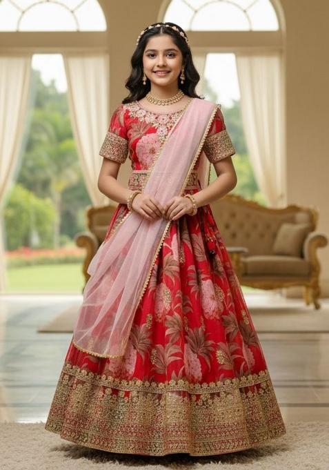 Red Embroidery Georgette Gown Set For Girls