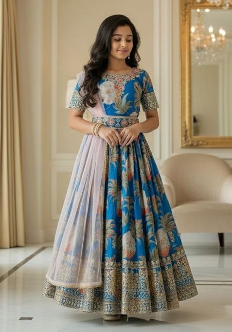 Turquoise Embroidery Georgette Gown Set For Girls