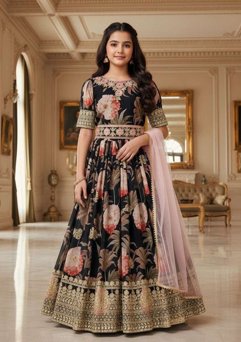 Black Embroidery Georgette Gown Set For Girls - Indya